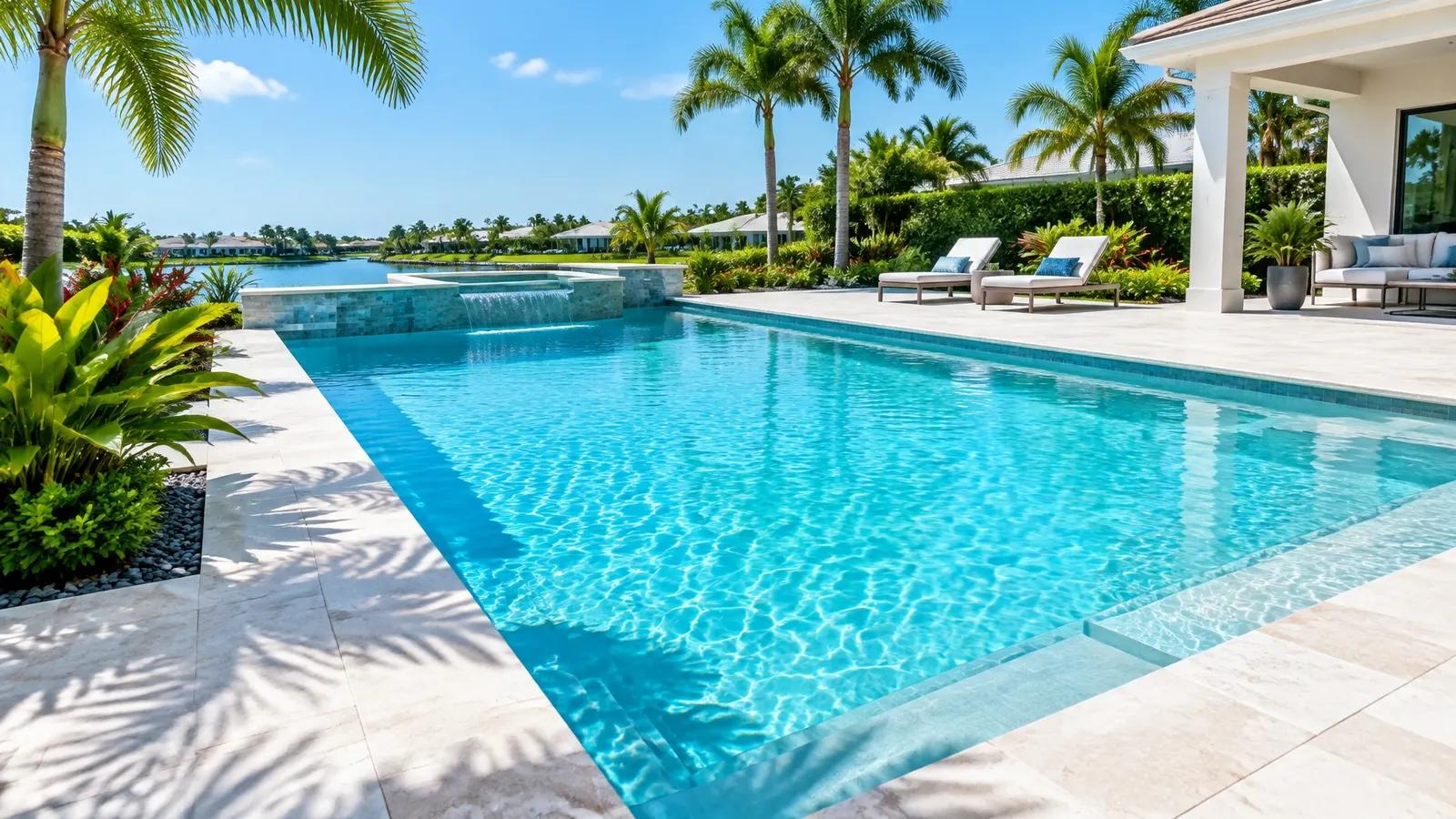 Bright modern Florida swimming pool with palm trees and turquoise water